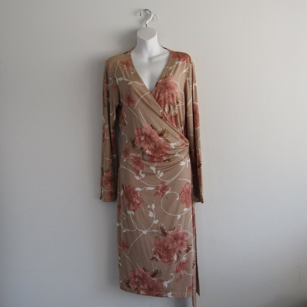 Spiegel Vintage Wrap Dress 12 Tan & Pink Floral Romantic Feminine Classic